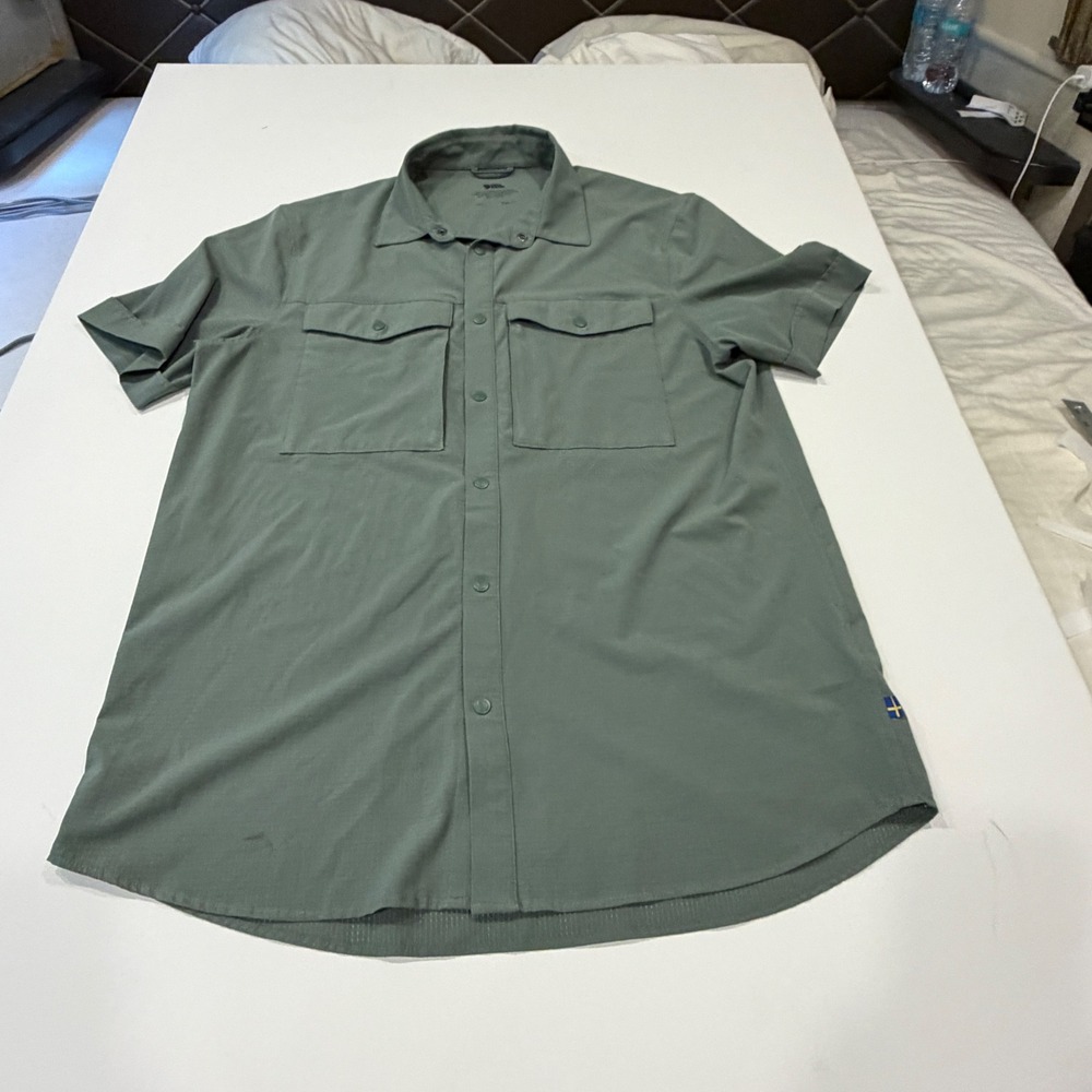 Fjallraven Abisko Hike Shirt Mens Large Green Short Sleeve Ripstop Button Down